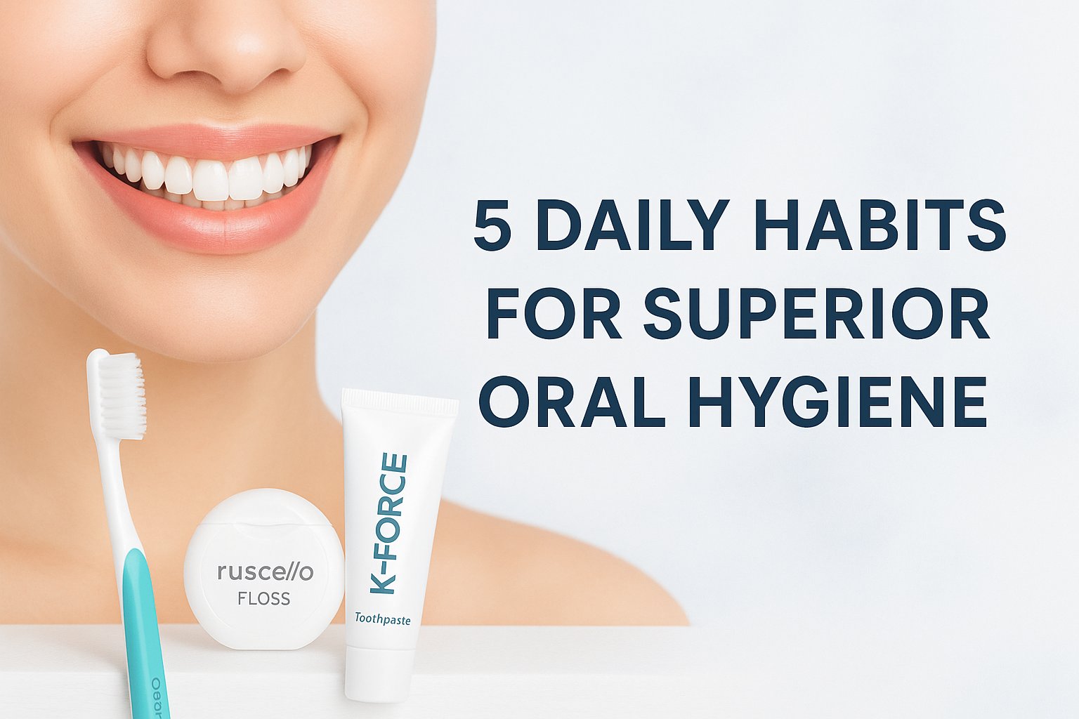 Discover 5 essential daily habits to improve your oral hygiene using Ruscello Floss, Orasweet Toothbrush, and KForce Toothpaste. Achieve a healthier, brighter smile with BreezeCare Oral Health.